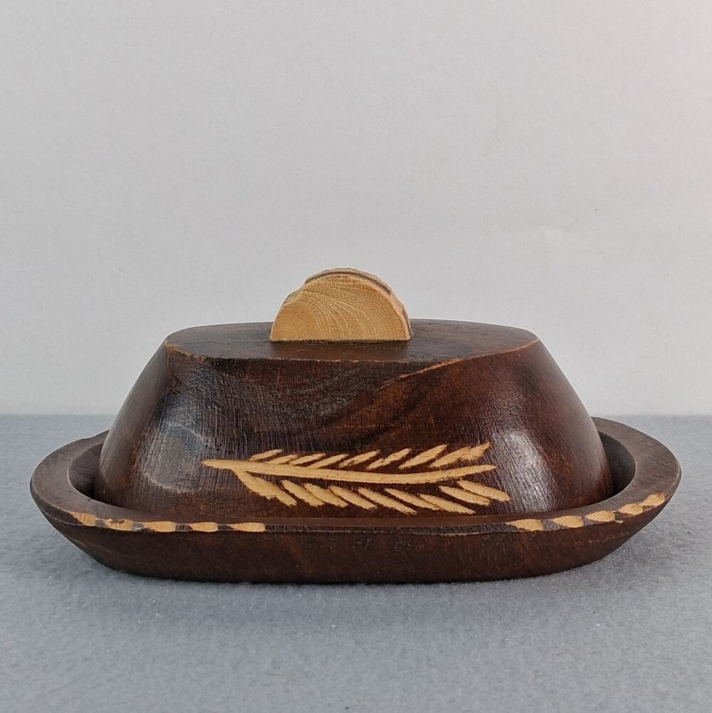 Dark Brown Oval Wooden Trinket Tray with Lid Wheat Carved on Lid